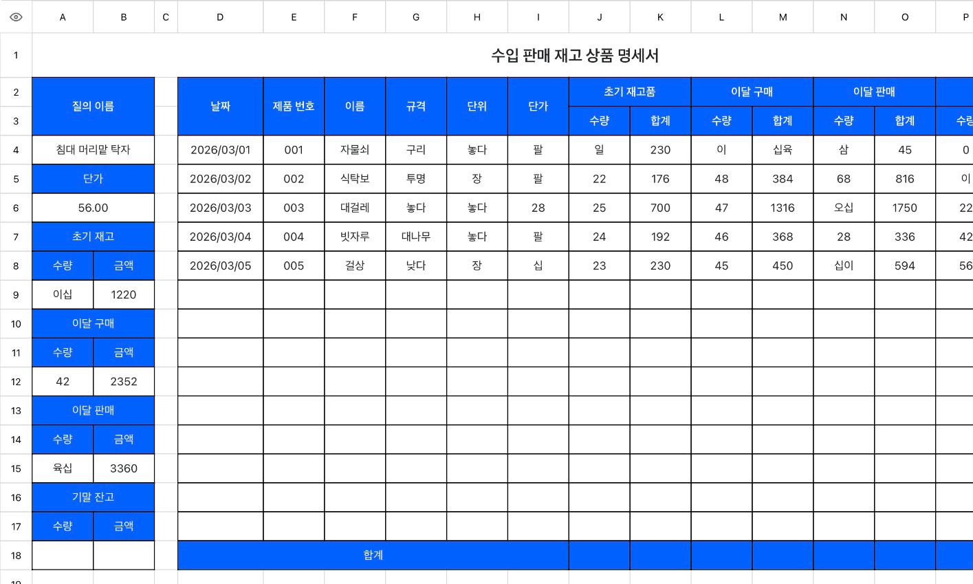 수입 판매 재고 상품 명세서